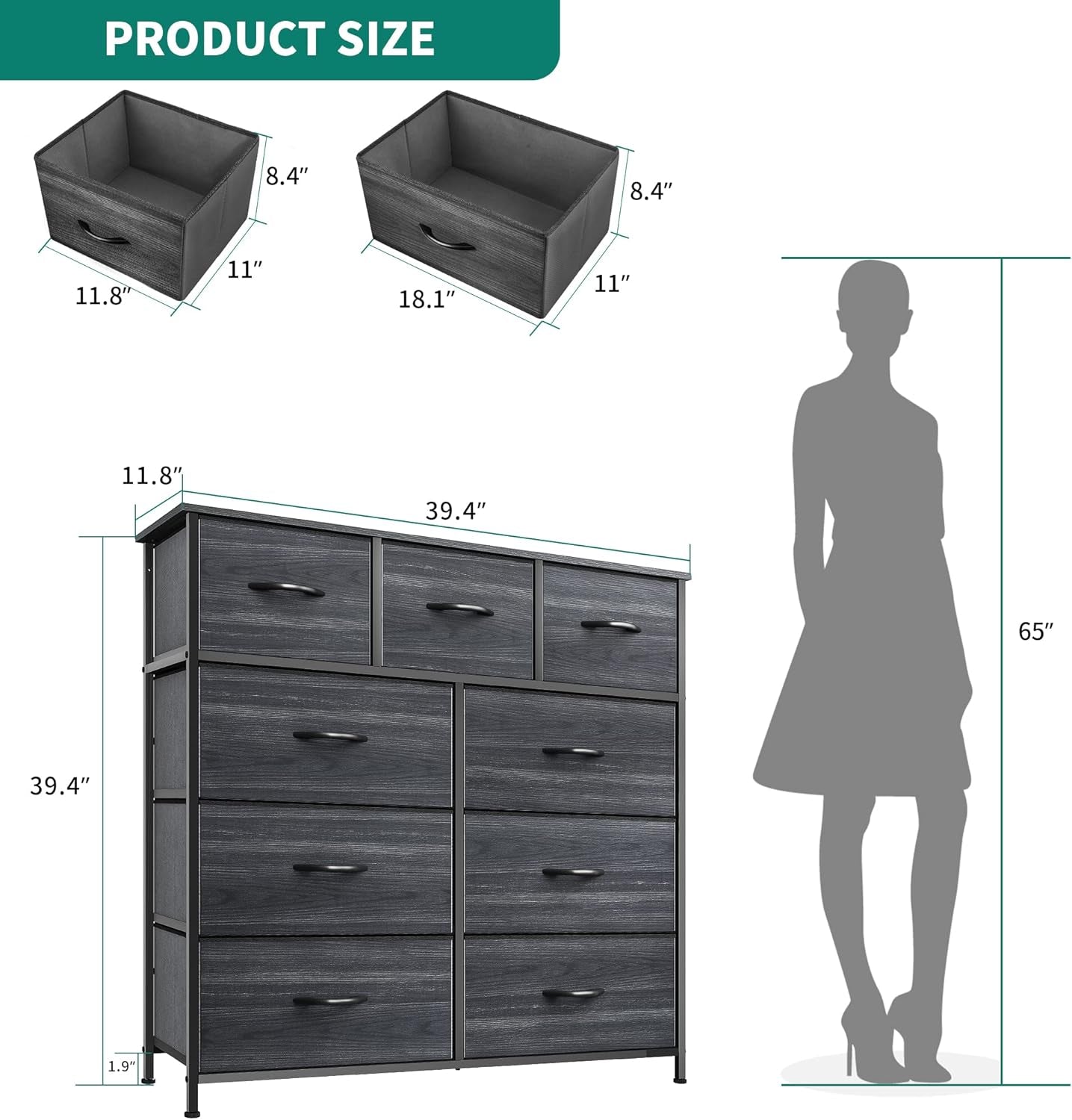 Dresser for Bedroom with 9 Drawers - Fabric Storage Tower, Tall Chest