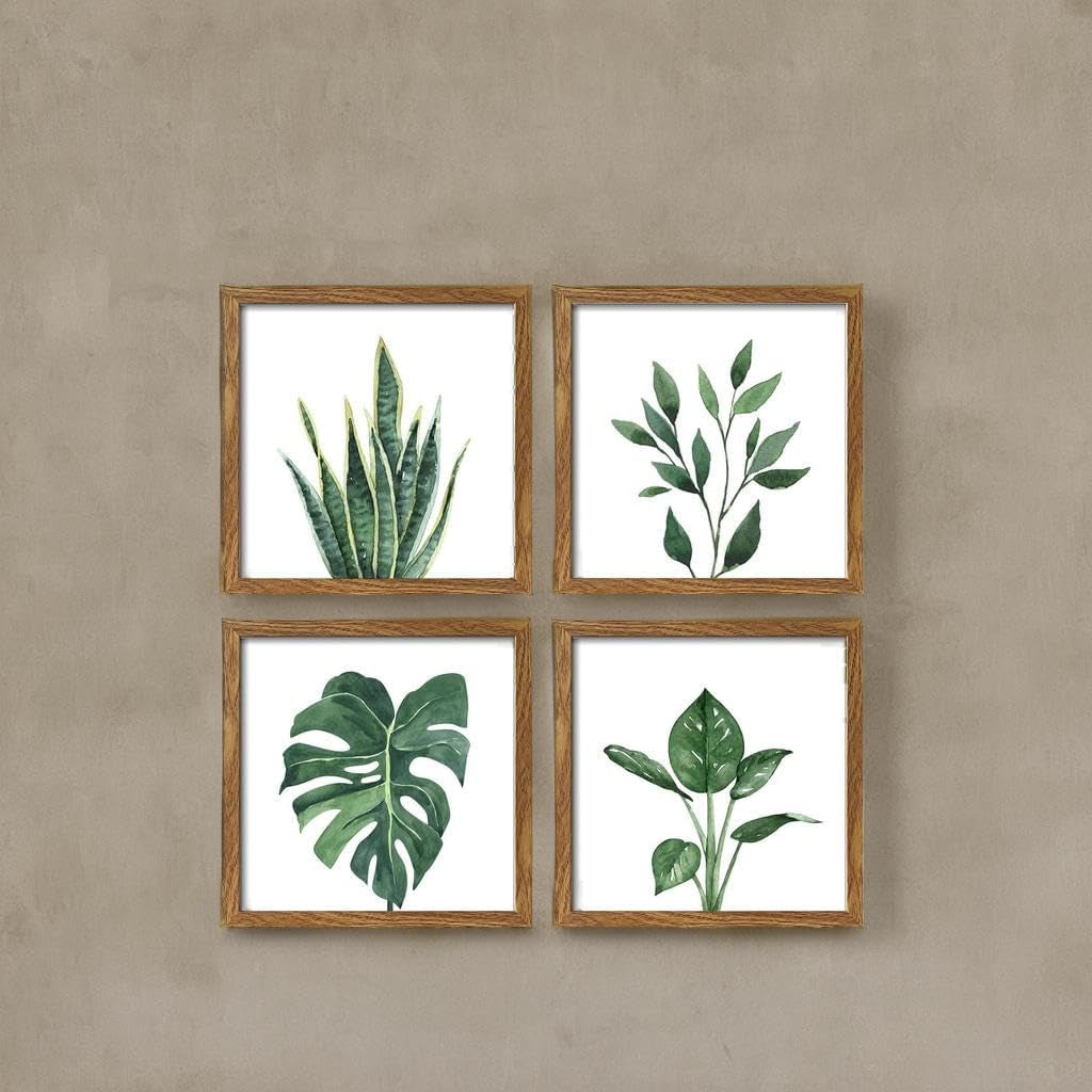 Framed Bathroom Wall Art Set of 4 for Botanical Wall Decor Green Plant